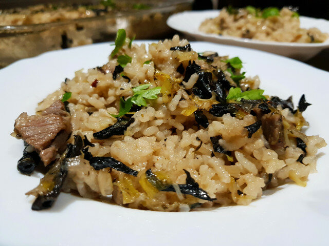 Ориз на фурна с телешко, тръбенки и праз